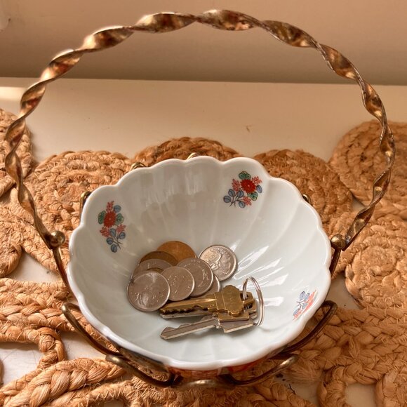 Vintage Whimsical Brass Basket with Handle and China Bowl - Picture 7 of 10